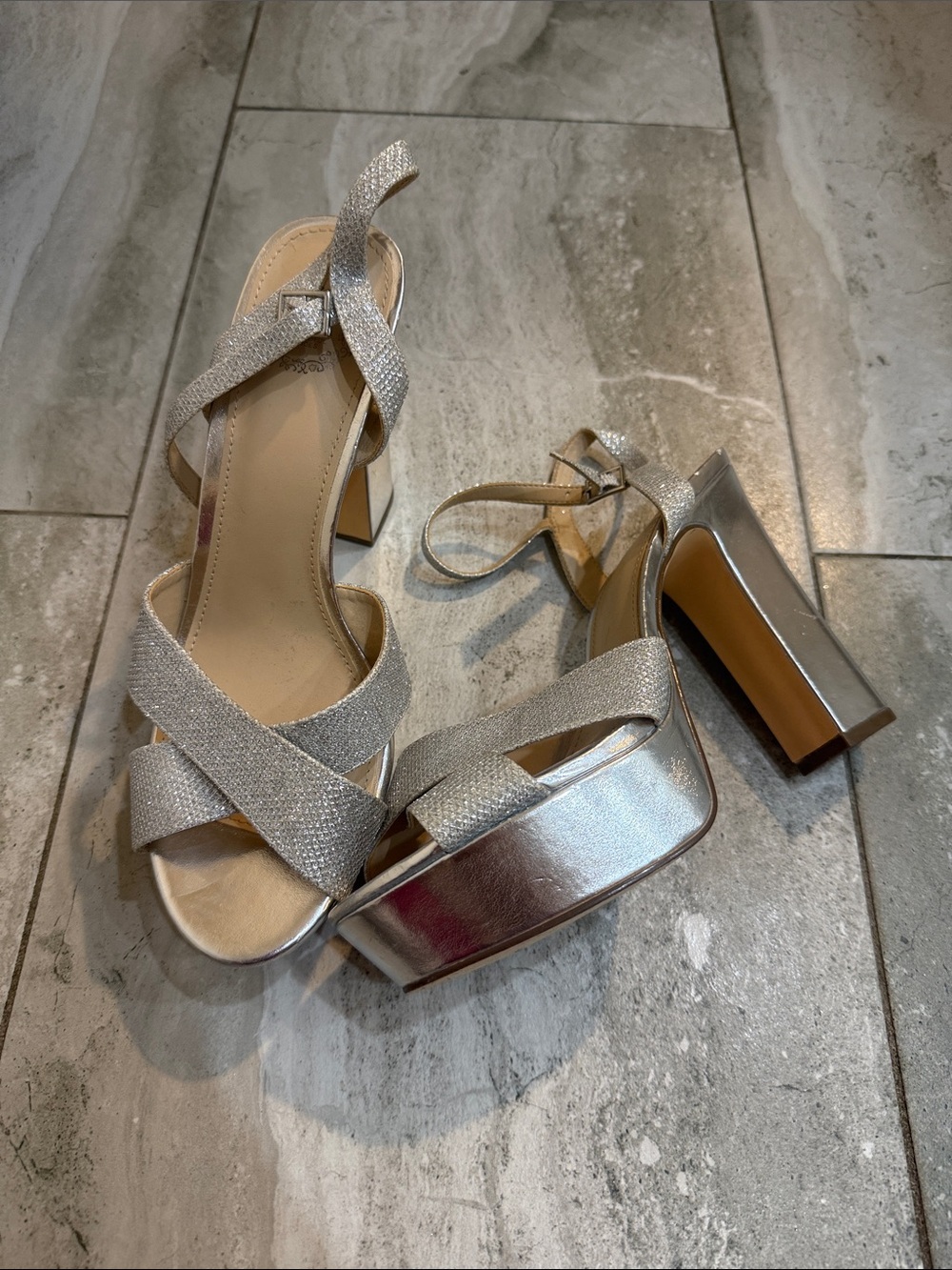 Shimmer Block Platform Sandals with Ankle Tie in Silver